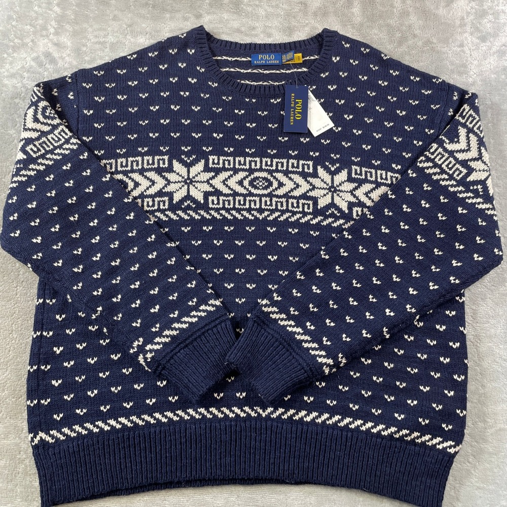 Polo‎ Ralph Lauren Sweater Mens XXL Blue Holiday Snowflake Cotton Cashmere